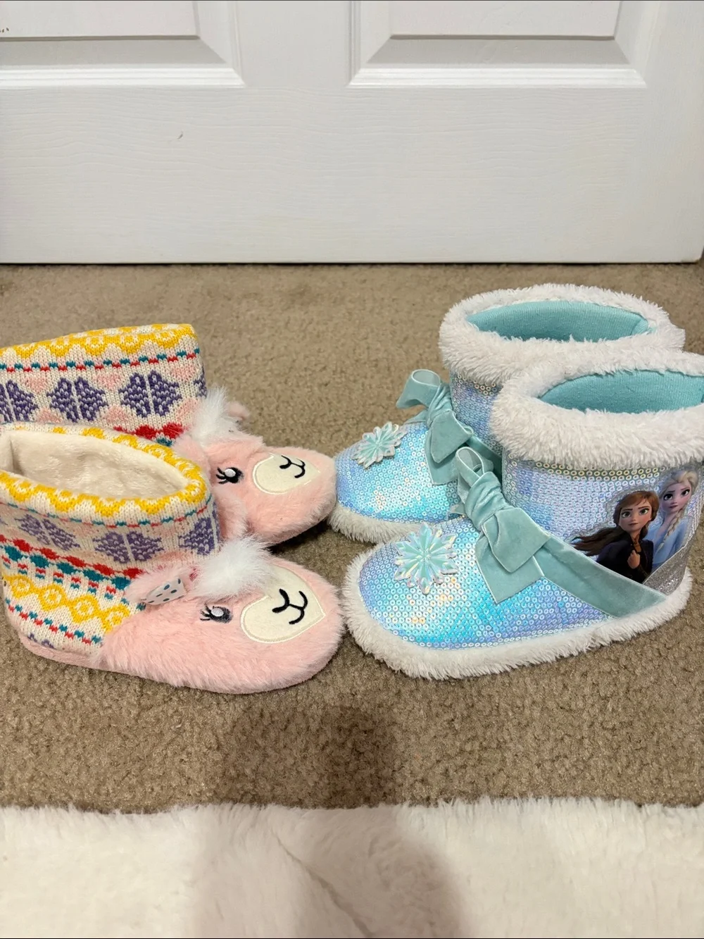 Plush Pink Animal Slipper Boots & Sparkle Frozen Snowflake Booties - 2 Pairs